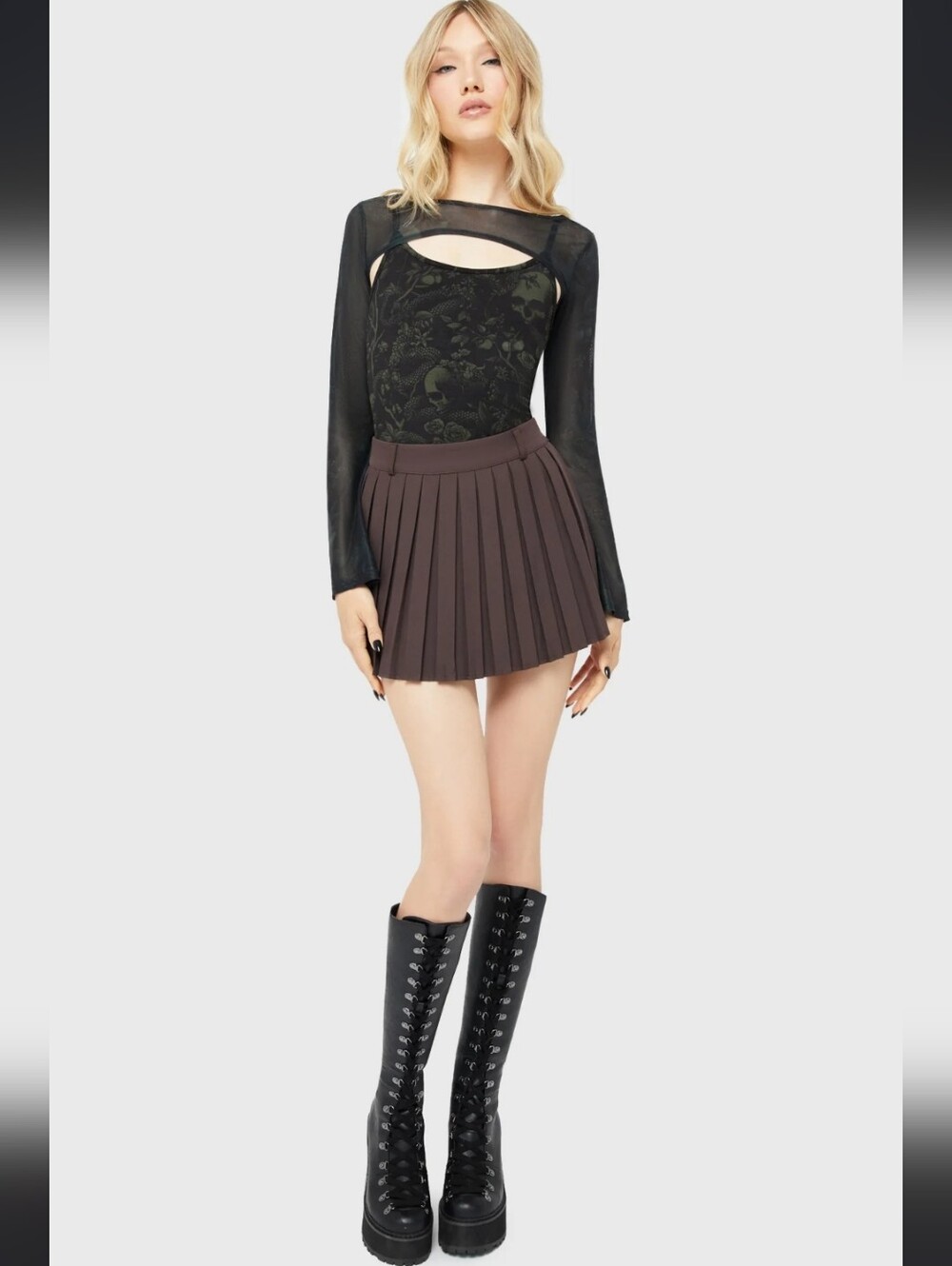 Killstar Chocolate Brown Pleated Mini Skirt